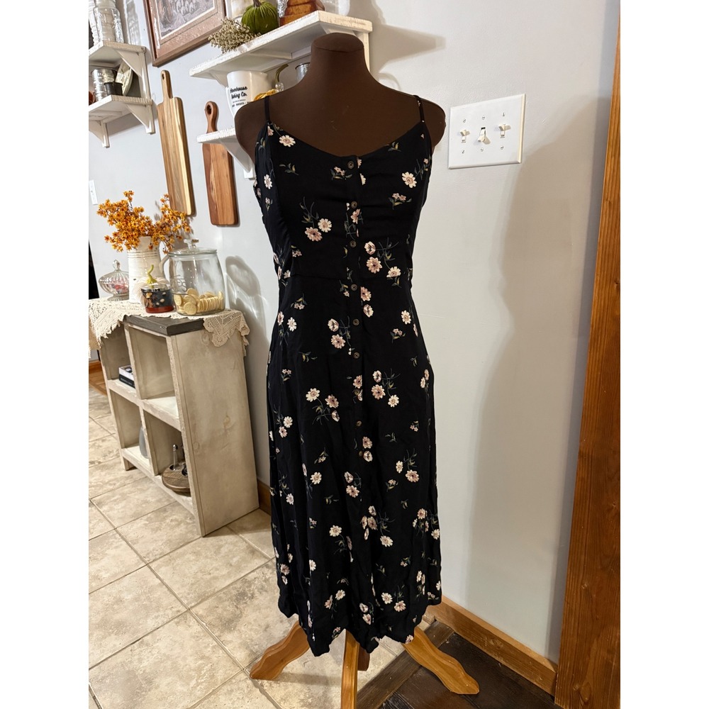 Hollister Floral Button Front Midi Dress M Black Boho Cutout Back cottagecore